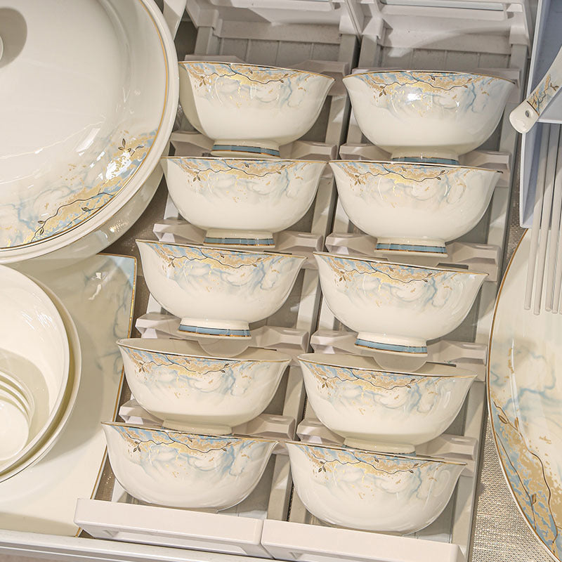Jingdezhen glazed dinnerware set with bowls, plates, spoons, and chopsticks