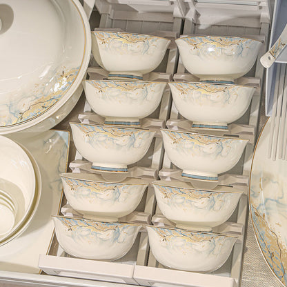Jingdezhen glazed dinnerware set with bowls, plates, spoons, and chopsticks