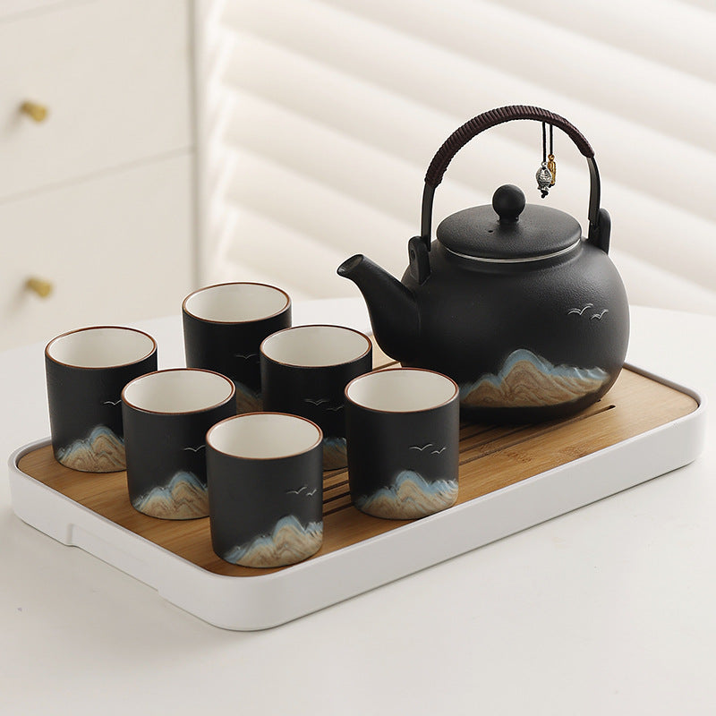 Matte Distant-Mountain Tea Set – Black / Long Bamboo Tray