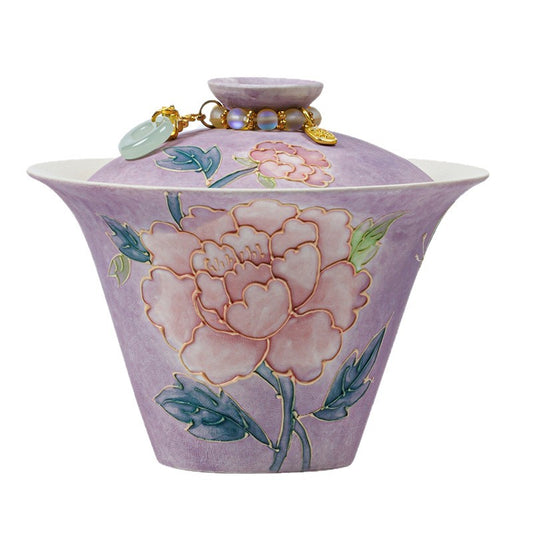 Purple Mist Peony hand-painted porcelain – gaiwan, cups, teapot and coffee cup