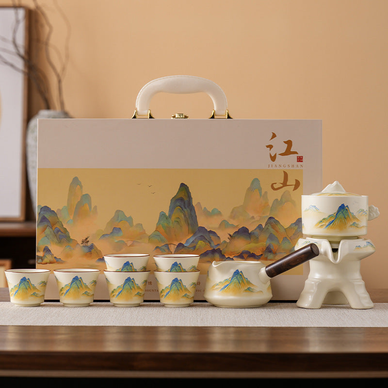 Ru-Style Thousand-Li Landscape Automatic Gongfu Tea Set – Six-Cup Automatic Set (Slim Carrying Case)