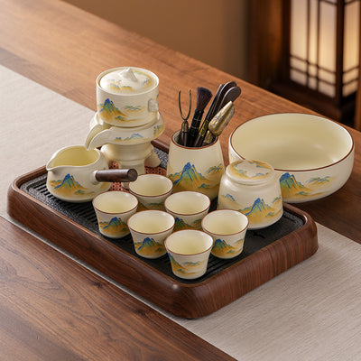 Six-Cup Automatic Set (Tea Rinse Bowl + Six Tea Tools + Tea Canister + Walnut-Grain Dry-Brewing Tray)