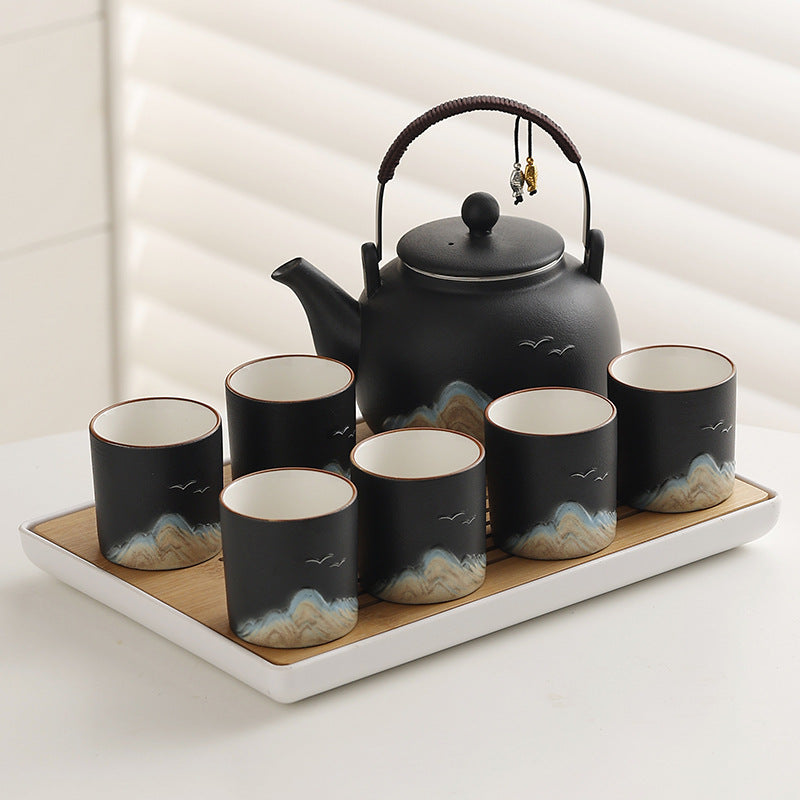 Matte Distant-Mountain Tea Set – Black / Melamine Tray