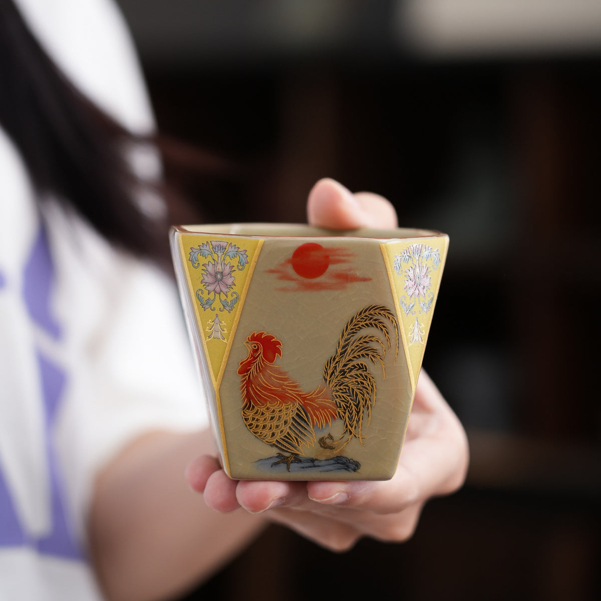 Golden Rooster Dawn Ru-Style Ceramic Tea Cup – Crackle Glaze