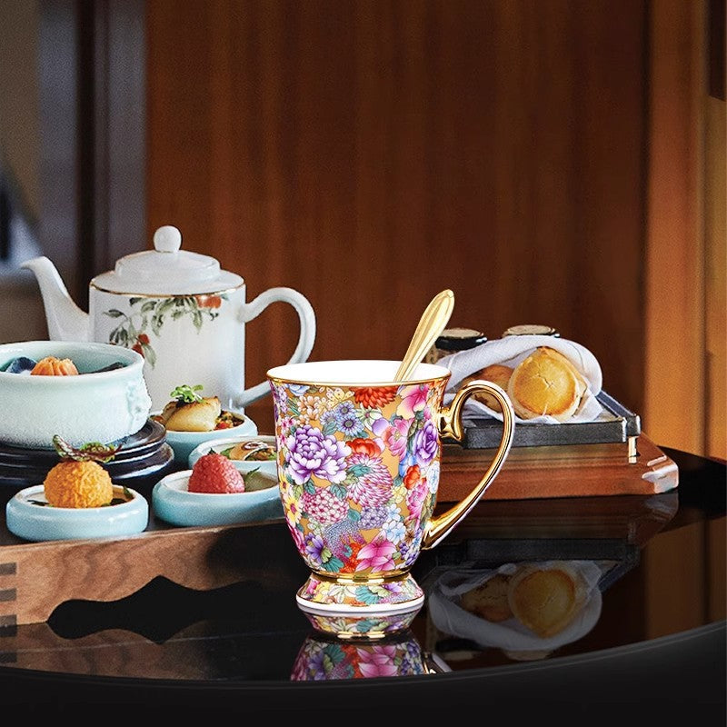 Patterned Porcelain Mug with Spoon