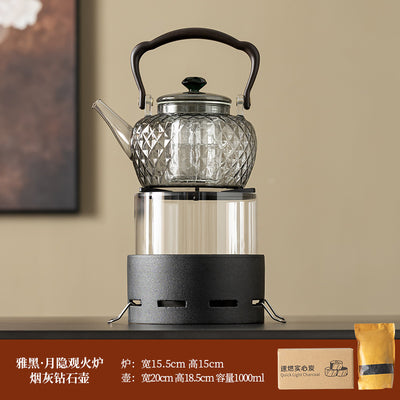 Moonlit Fire Charcoal Stove - Black + Smoky Gray Diamond Teapot + Charcoal