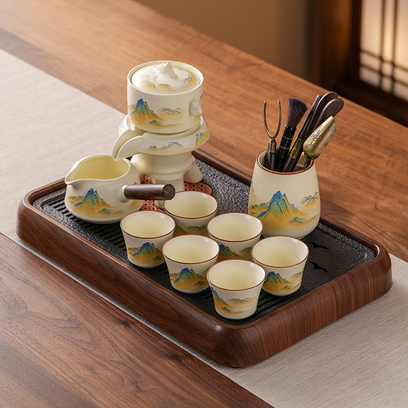 Ru-Style Thousand-Li Landscape Automatic Gongfu Tea Set – Six-Cup Automatic Set (Six Tea Tools + Walnut-Grain Dry-Brewing Tray)