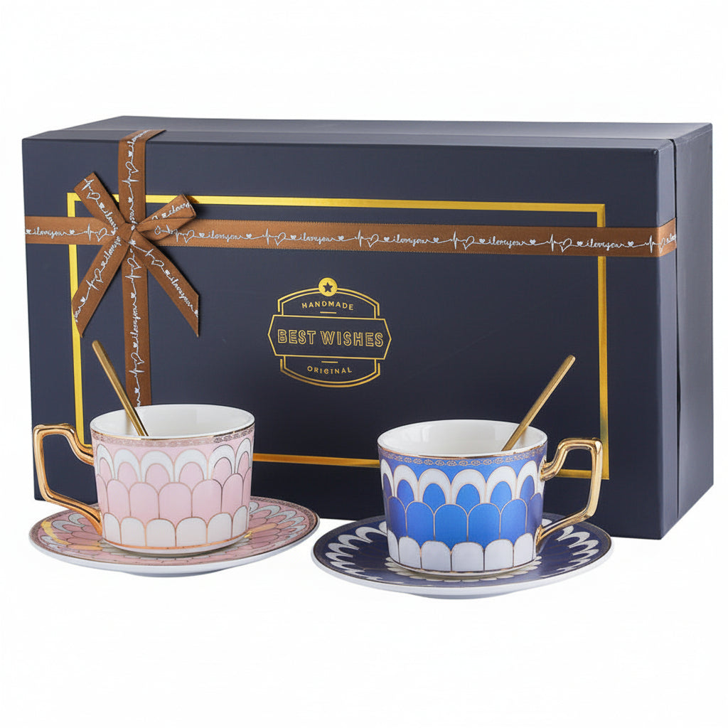 Pink and Blue Porcelain Cup and Saucer Set