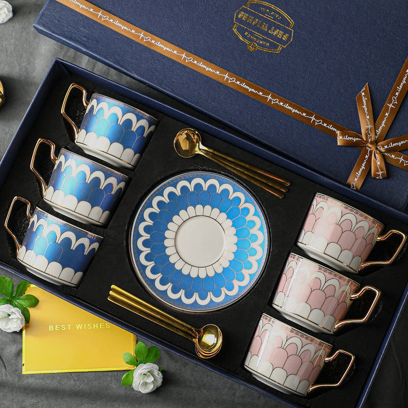 Pink and Blue Porcelain Cup and Saucer Set