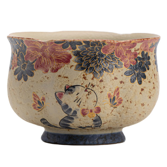 Blue-and-white cat master cup – hand-painted porcelain gongfu tea cup with flint-red accents