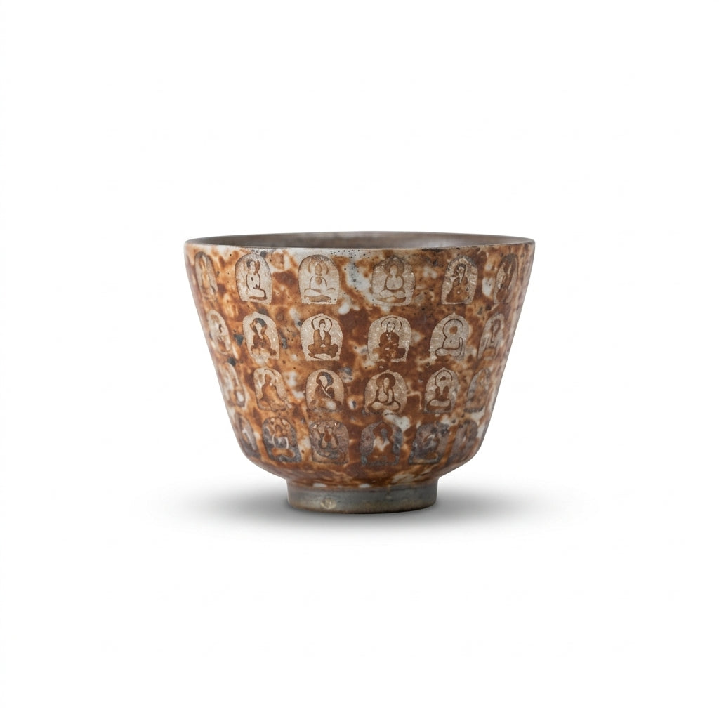 Wanfo silver-gilded Zen master tea cup with ten-thousand-Buddha motif