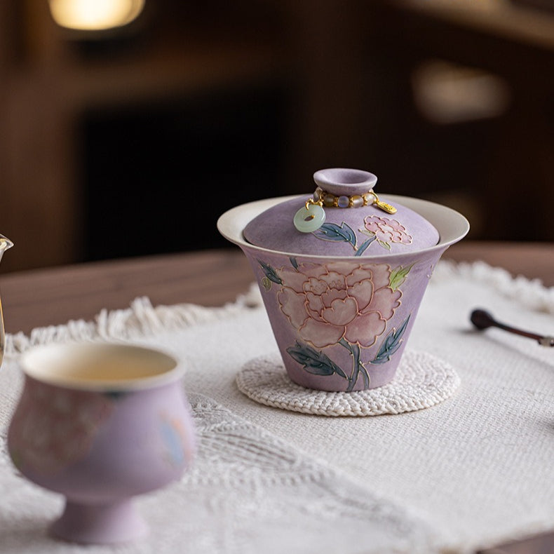 Purple Mist Peony hand-painted porcelain – detail