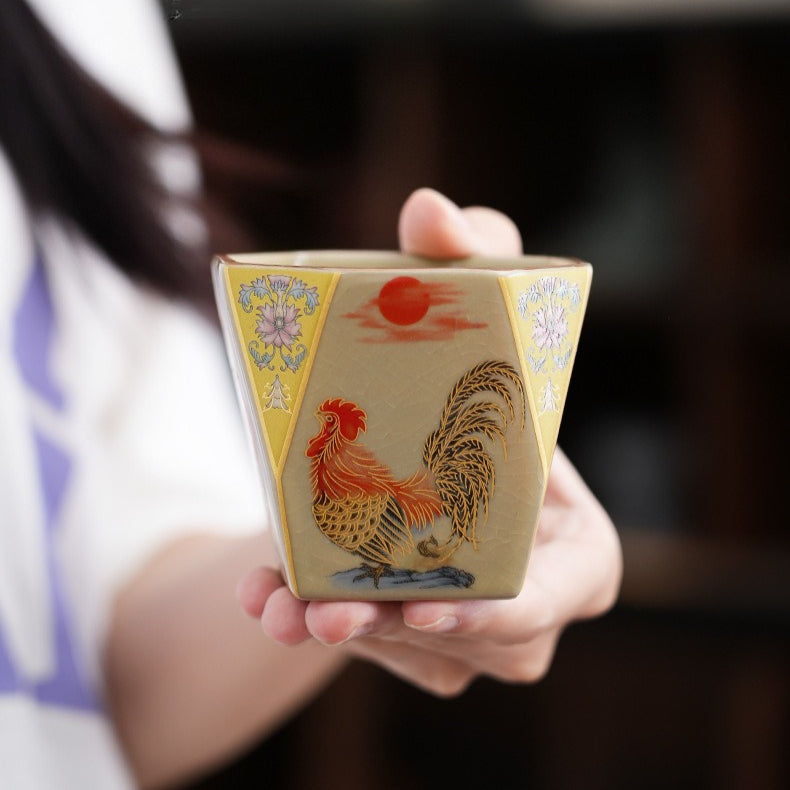 Golden Rooster Dawn Ru-Style Ceramic Tea Cup – Crackle Glaze