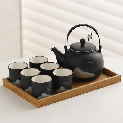 Matte Distant-Mountain Tea Set – Black / Bamboo Tray