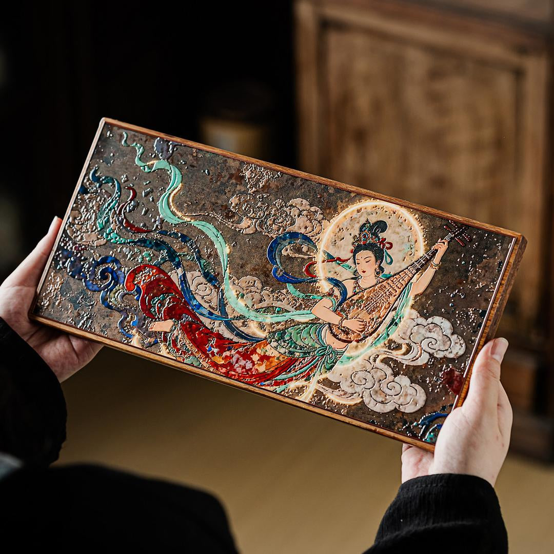 Dunhuang Flying Apsaras Ceramic Tea Tray – Bamboo Base