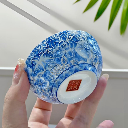 Jingdezhen blue-and-white enamel tea cup with silver wire inlay